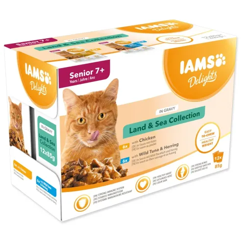 Vrečka IAMS Delights Senior ribje in piščančje meso v omaki 1020 g (12x85g)
