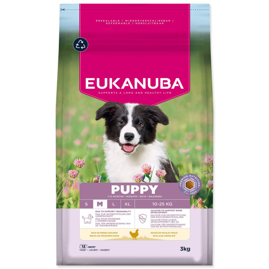 Hrana EUKANUBA Puppy Medium, bogata s svežim piščancem, 3 kg