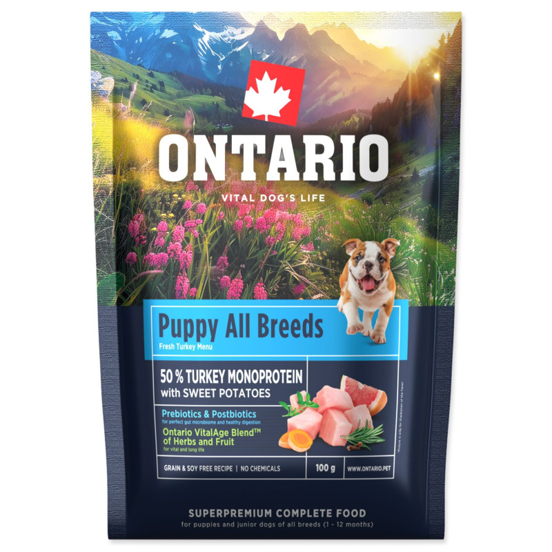 Ontario Puppy & Junior All Breeds Monoprotein puran in sladki krompir 0,1 kg