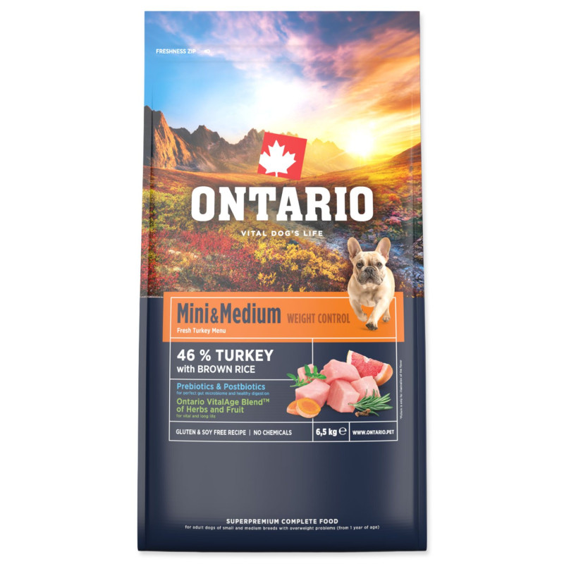 Hrana Ontario Mini & Medium Weight Control puran in rjavi riž 6,5kg