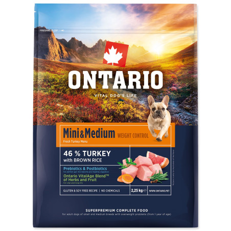Hrana Ontario Mini & Medium Nadzor teže Puranje in rjavi riž 2,25 kg