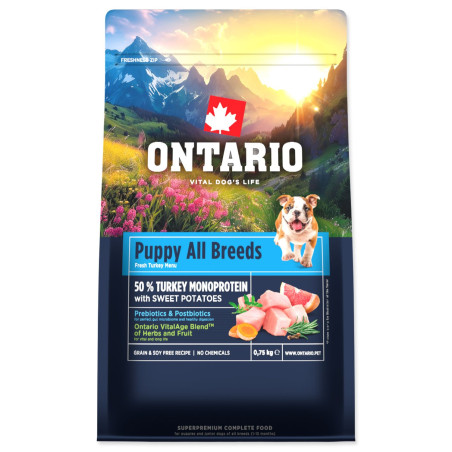 Hrana Ontario Puppy & Junior Vse pasme Monoprotein Puran in sladki krompir 0,75 kg