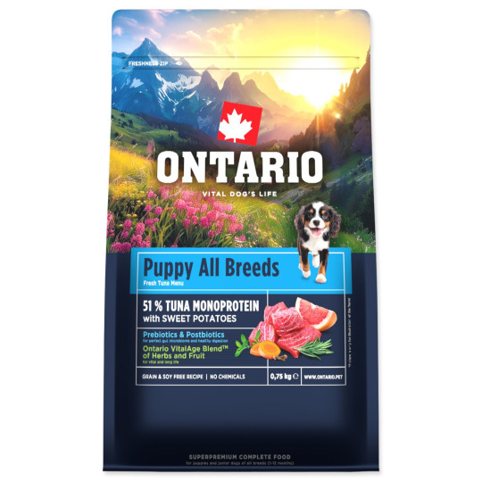 Hrana Ontario Puppy & Junior All Breeds, monoprotein: tuna in sladki krompir, 0,75 kg