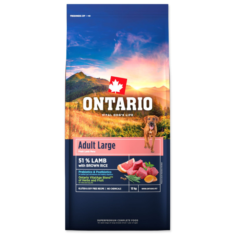 Ontario hrana za odrasle velike pasme — jagnjetina in rjavi riž, 12 kg