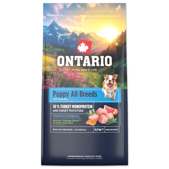 Hrana Ontario Puppy za vse pasme, monoproteinska (puran in sladki krompir) 6,5kg