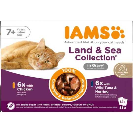 Vrečka IAMS Delights Senior ribje in piščančje meso v omaki 1020 g (12x85g)