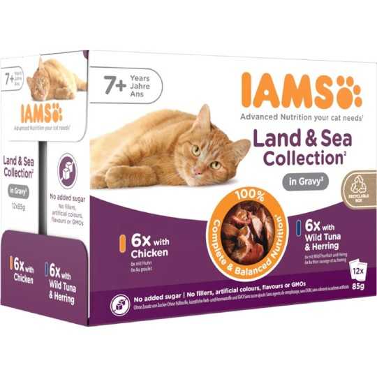 Vrečka IAMS Delights Senior ribje in piščančje meso v omaki 1020 g (12x85g)