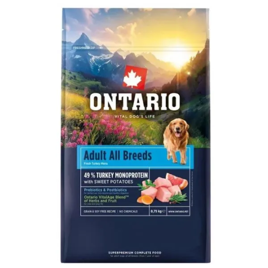 Hrana Ontario za odrasle, za vse pasme, monoproteinska — puranje in sladki krompir 0,75 kg