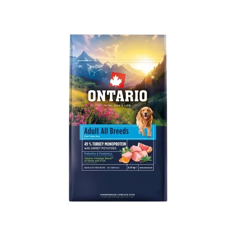 Hrana Ontario za odrasle, za vse pasme, monoproteinska — puranje in sladki krompir 0,75 kg