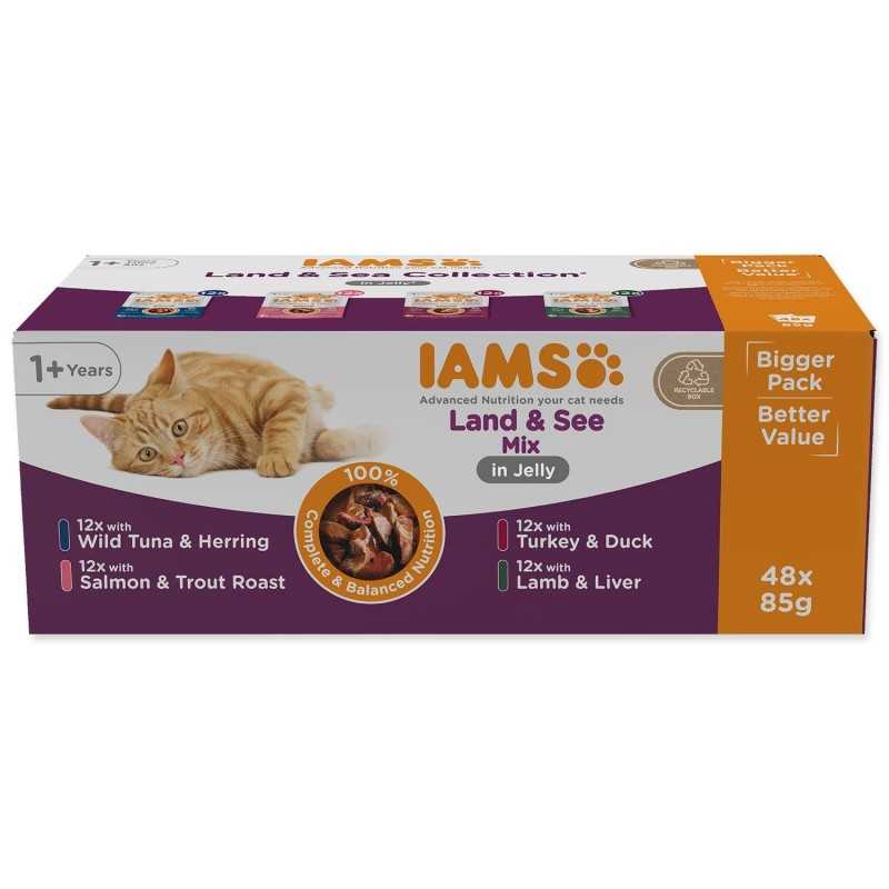 Vrečka IAMS Delights Adult morsko in kopensko meso v želeju multipak 4080 g (48 x 85 g)