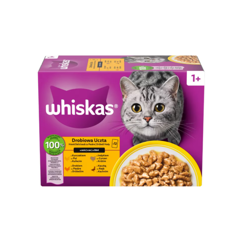 Mars WHISKAS Poultry Selection – vrečke s hrano za mačke (piščanec, raca, perutnina in puran v omaki) 12 x 85 g