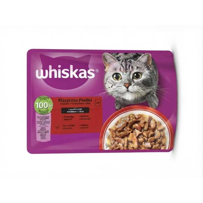Mars WHISKAS vrečke za mačke – izbor mesnih jedi: piščanec in grah, govedina, puran ter jagnjetina in korenje v omaki (4 x 85 g)