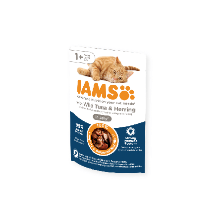 Vrečka IAMS Delights Adult tun in sled v želeju 85g