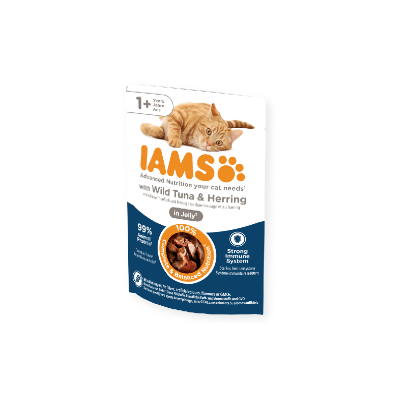Vrečka IAMS Delights Adult tun in sled v želeju 85g